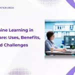 Machine learning in healthcare concept showing doctors analyzing medical data on screens