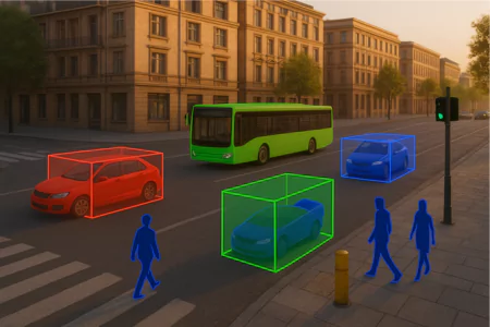Vehicles, pedestrians, and traffic elements labeled on a city street using image annotation services.
