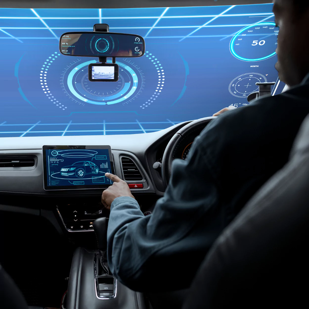 Driver interacting with an advanced car dashboard and HUD interface using image annotation services.