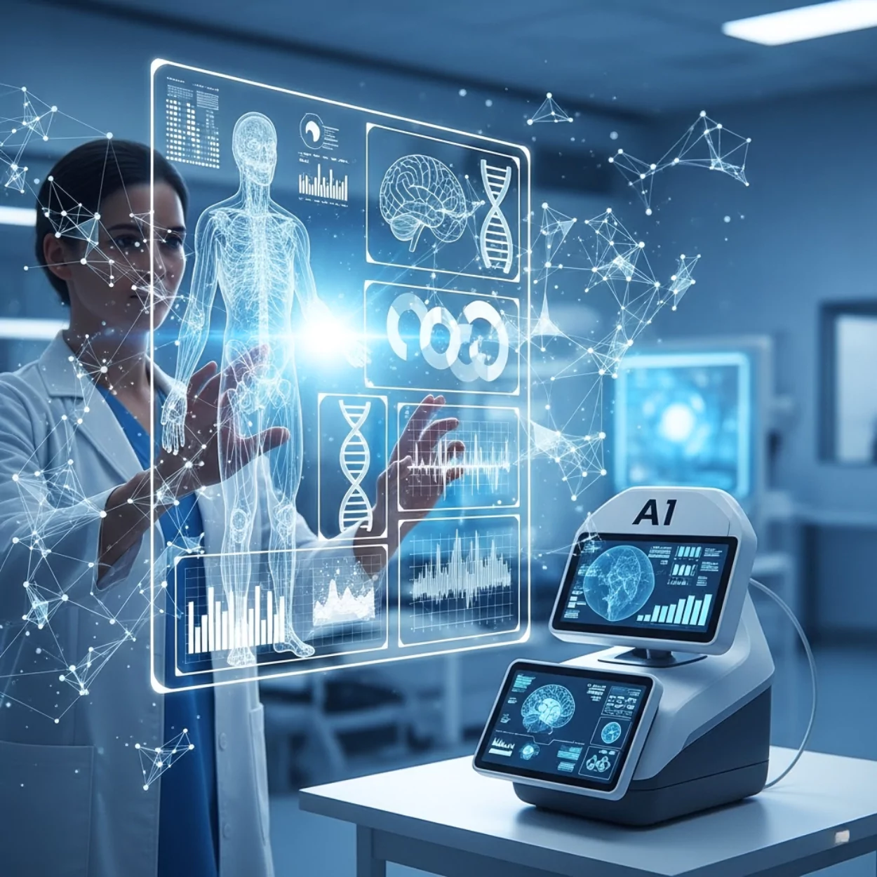A medical professional uses image annotation services to interact with a holographic human body.