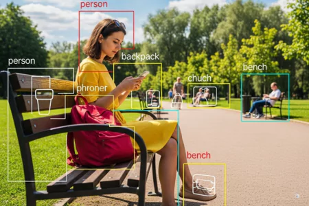 Park scene with people, benches, and objects labeled using image annotation services.