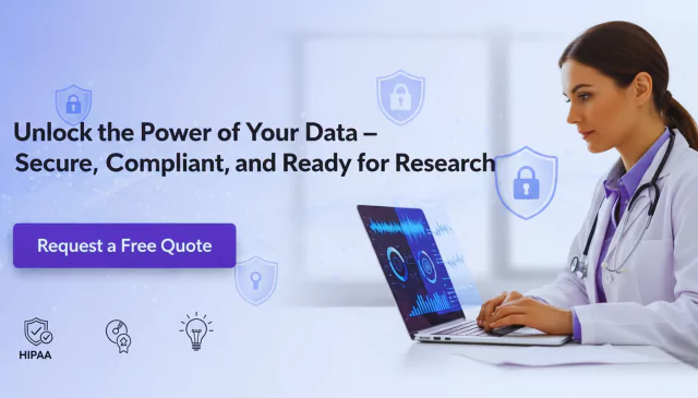 A woman in a lab coat using a laptop with secure data visualization, highlighting Data De-Identification