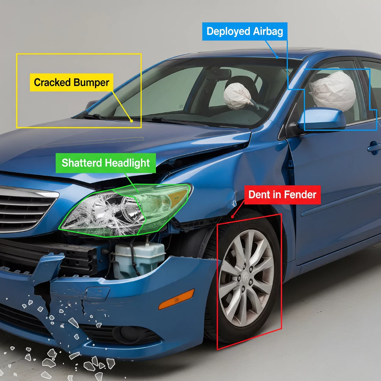 A crashed blue car is analyzed by image annotation services to identify a dent, a cracked bumper, and deployed airbags.<br />
