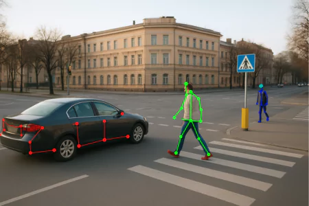 Pedestrians and vehicles labeled with keypoints on a crosswalk using image annotation services.