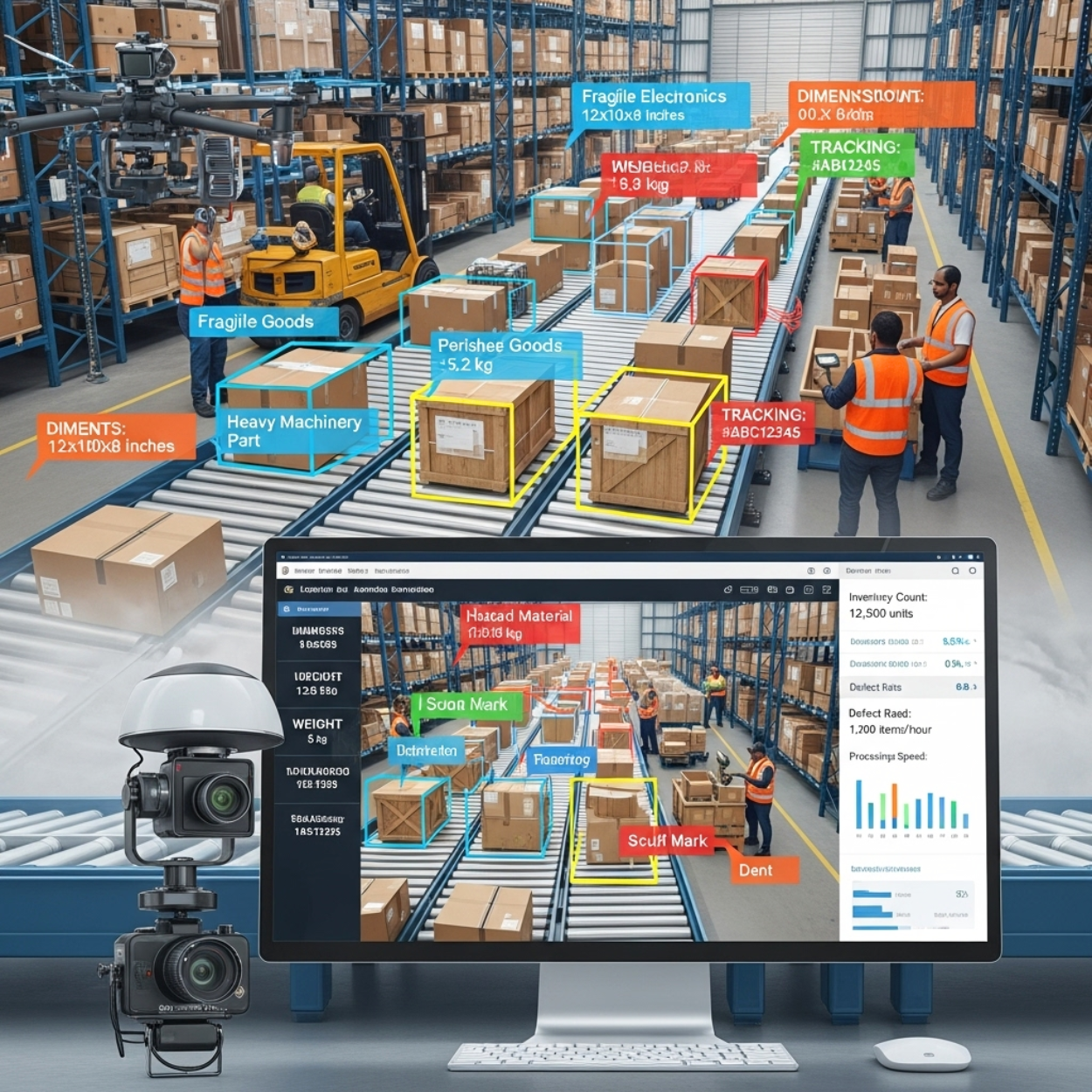 A busy warehouse is monitored by image annotation services, tracking boxes, dimensions, and inventory.<br />

