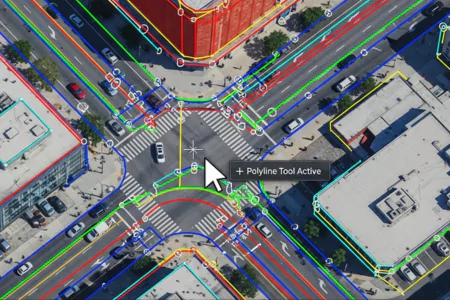Aerial view of city streets annotated with polylines for mapping using image annotation services.