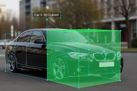 Car outlined with a 3D cuboid for object detection, showcasing advanced video annotation services.<br />
