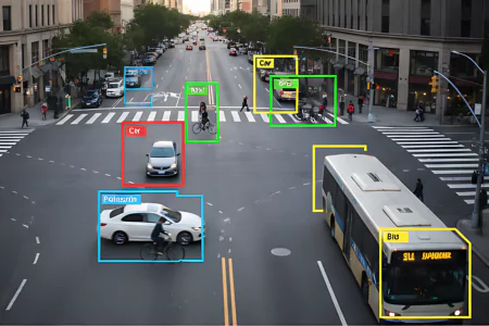 Traffic scene with cars, bus, and cyclists labeled for video annotation services in AI.