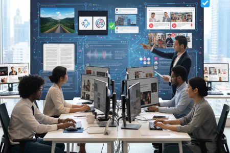 Content Moderation for Ads Campaigns and Apps with staff monitoring content on large displays.