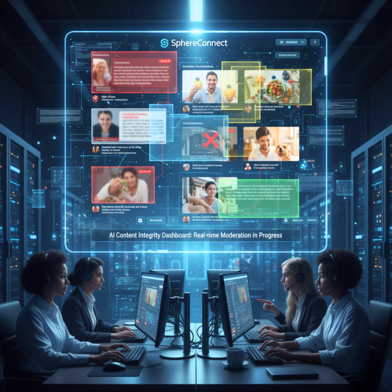 : AI Content Moderation for Ads Campaigns and Apps. Real-time dashboard showing moderation of user-generated content.