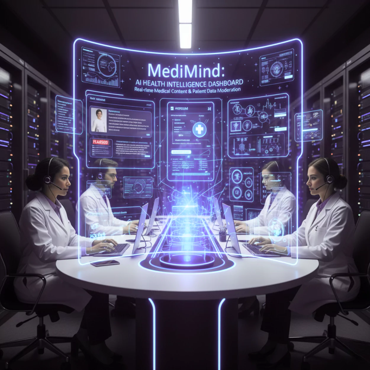 AI dashboard with doctors monitoring digital data, symbolizing Content Moderation for Ads Campaigns and Apps.