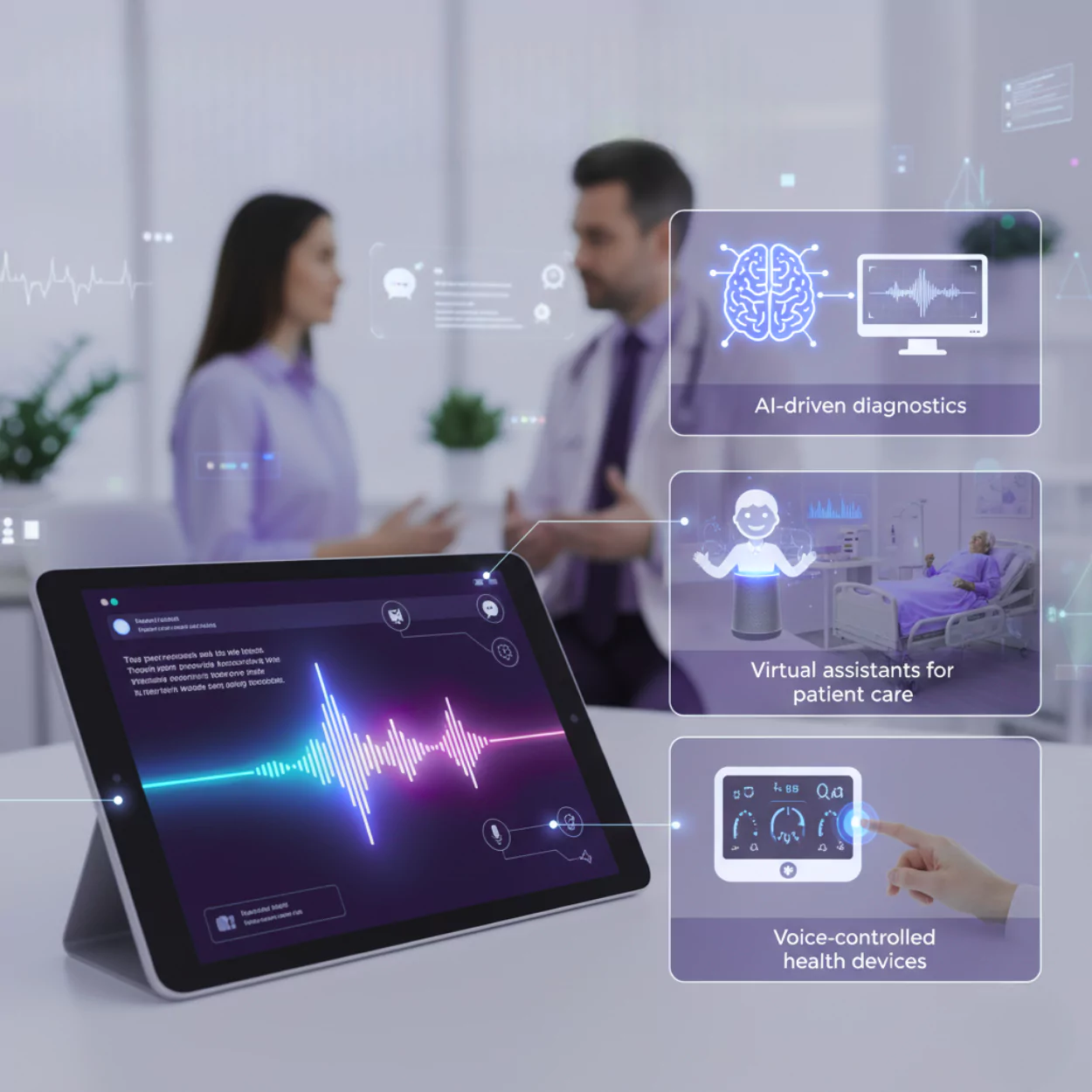 Digital health technology with a tablet showing audio annotation services, AI diagnostics, and virtual assistants.<br />
