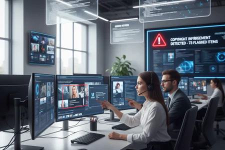 Team conducting Content Moderation for Ads Campaigns and Apps with AI tools and flagged alerts.