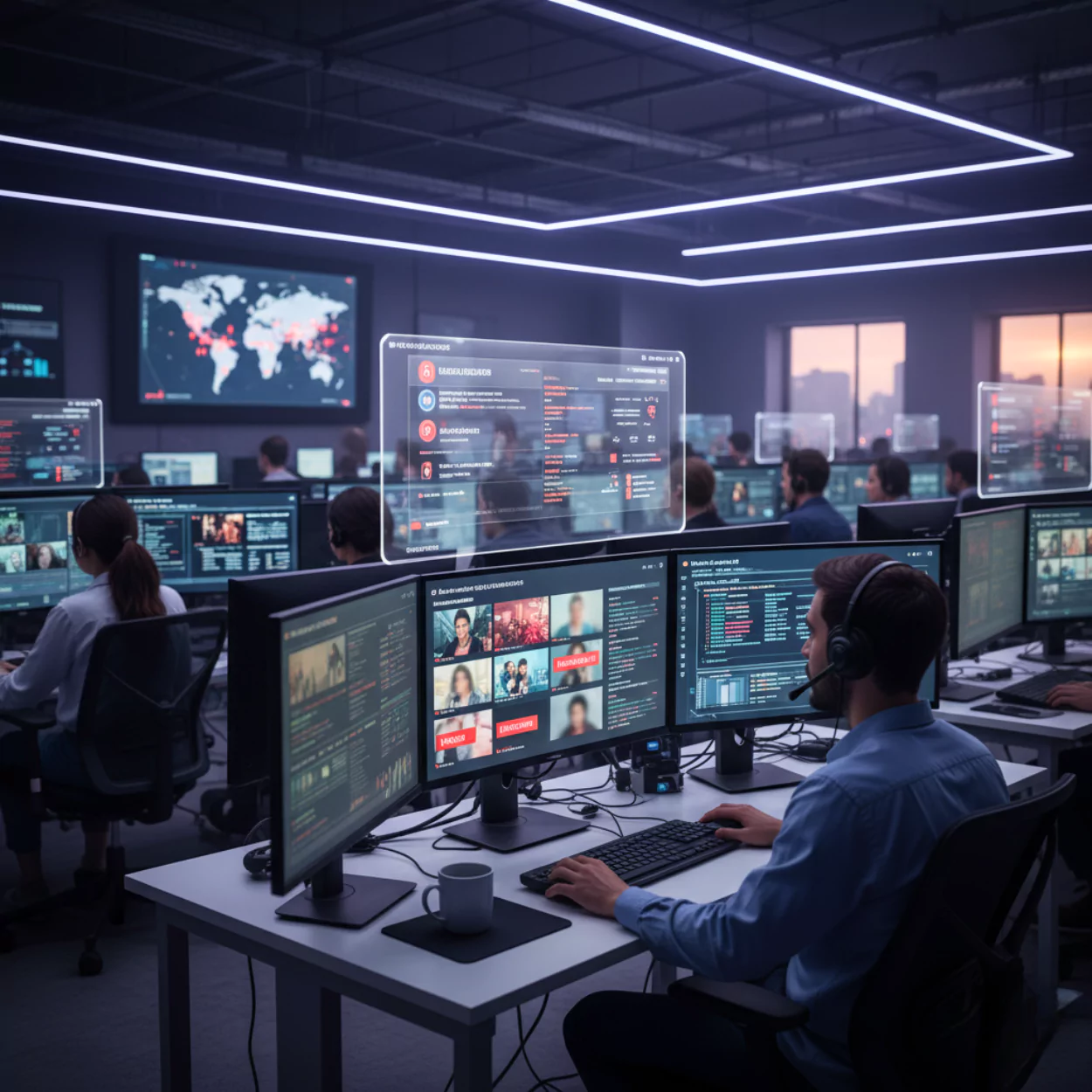 Analysts reviewing global digital content on multiple screens for Content Moderation for Ads Campaigns and Apps.