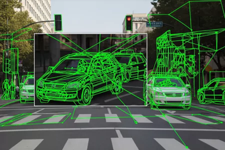 Cars and pedestrians outlined with green bounding polygons on a city street for video annotation services.