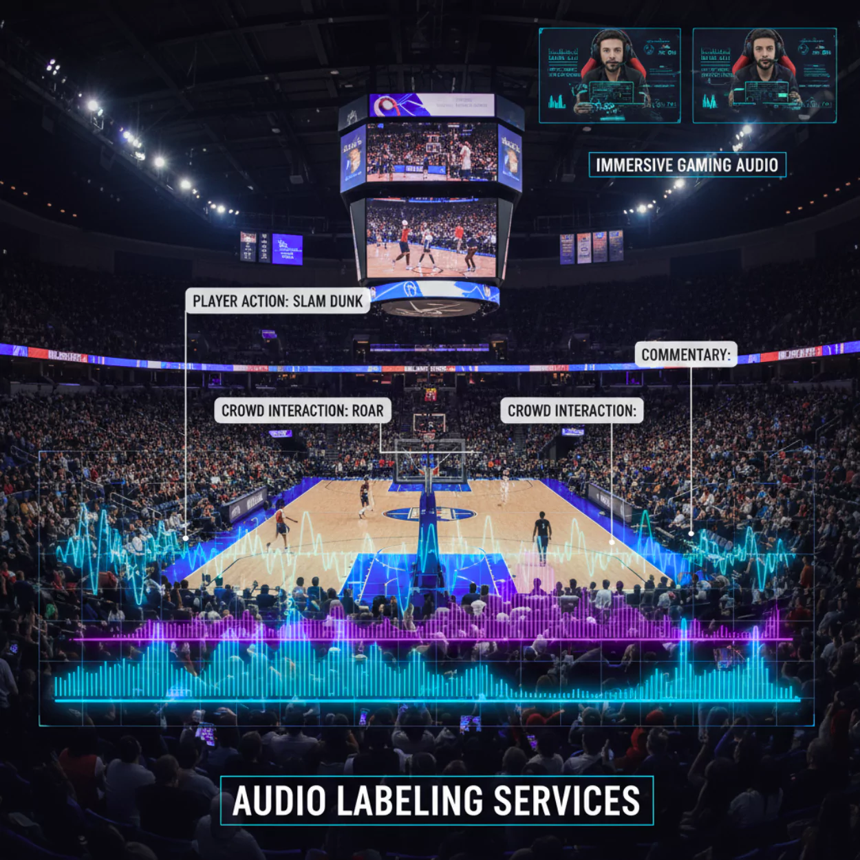 Basketball game with audio annotation services visualizing crowd, player, and commentary sounds.<br />
