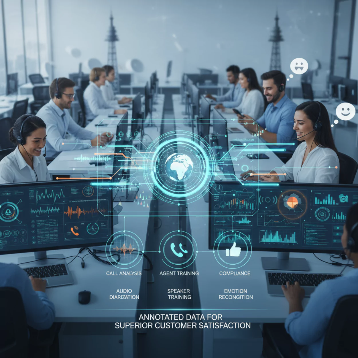 Contact center agents use data with audio annotation services for call analysis and agent training.<br />
