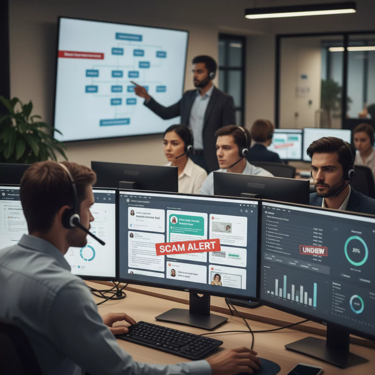  Team monitoring scam alerts on multiple screens, showcasing Content Moderation for Ads Campaigns and Apps