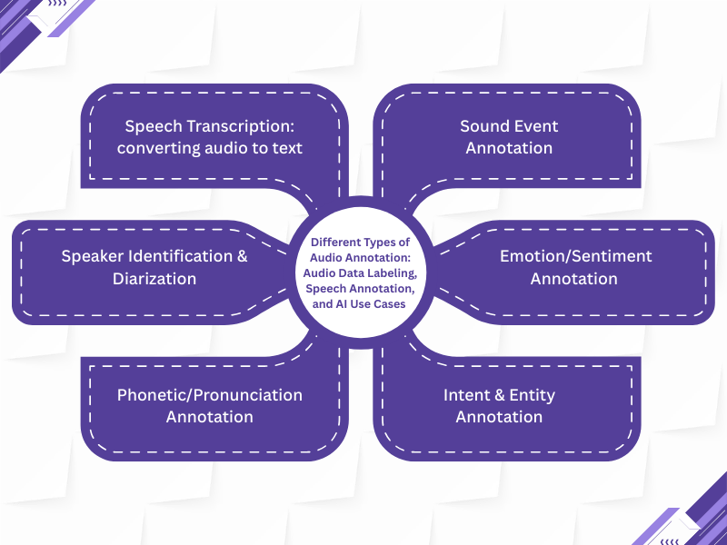 This infographic showcases various AI training data solutions, including audio annotation, offered by Annotation Box for different industries.<br />
