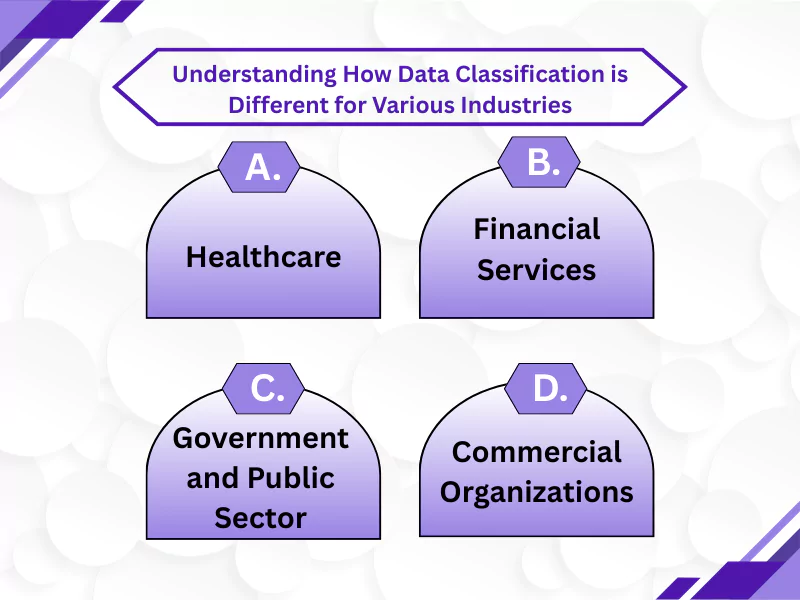 Types of data classification across industries like healthcare, finance, government, and business.