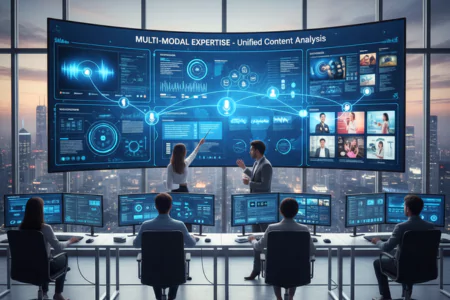 Content Moderation for Ads Campaigns and Apps team analyzing data on a futuristic control dashboard.