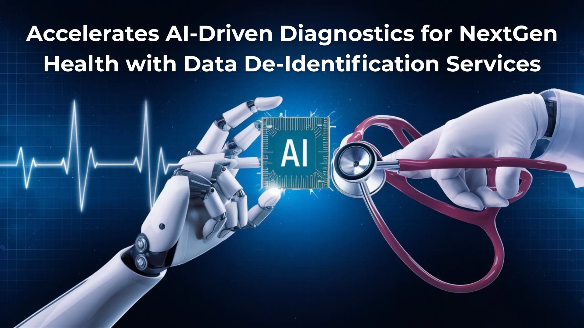 AI-driven healthcare diagnostics with robot hand and doctor using stethoscope.