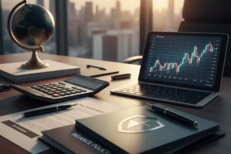 An office desk with a laptop showing financial charts used in conjunction with text annotation services.<br />
