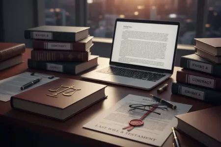 A lawyer's desk with documents, and a laptop open to text, ideal for text annotation services.<br />
