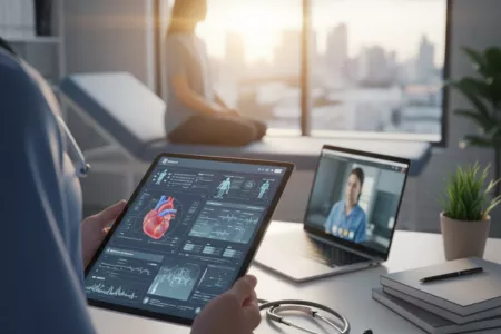 A doctor reviews patient data on a tablet, leveraging text annotation services for medical records.<br />

