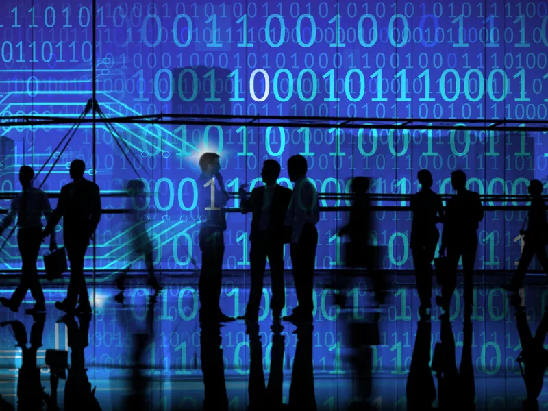 People silhouettes over binary code background representing Free Image Datasets For Computer Vision