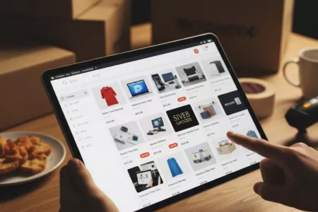 Hands holding a tablet displaying an e-commerce website, managing product information for text annotation services.<br />
