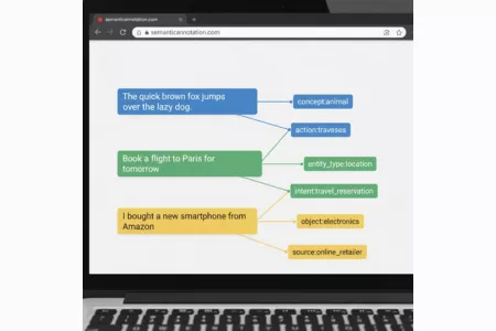 Screenshot of a laptop displaying a website for text annotation services, showing examples of text analysis with semantic labels. Screenshot of a laptop displaying a website for text annotation services, showing examples of text analysis with semantic labels.
