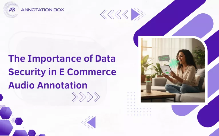 Image showing a woman analyzing audio data on a tablet, highlighting Data Security in E Commerce Audio Annotation.