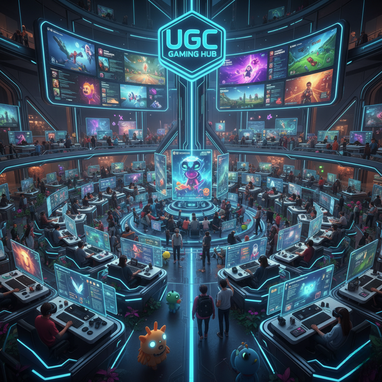 Content moderation services for gaming websites in a futuristic UGC gaming hub.