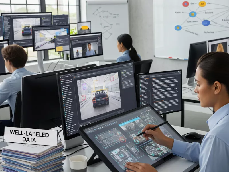 AI specialists labeling images on screens—image annotation improves AI model accuracy and vision.<br />
