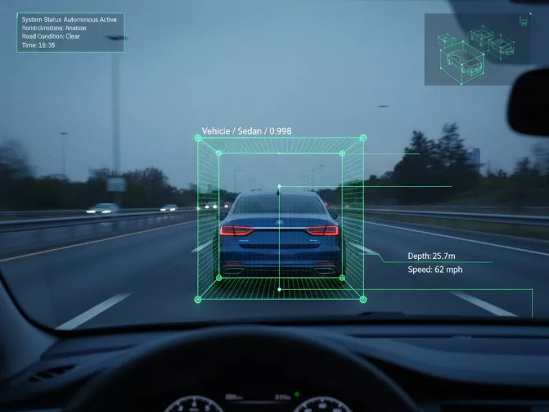 A self driving vehicle's AR system highlights a sedan on a highway with its speed and depth data.