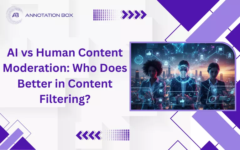 AI vs human content moderation illustration showing digital filters and human reviewers.