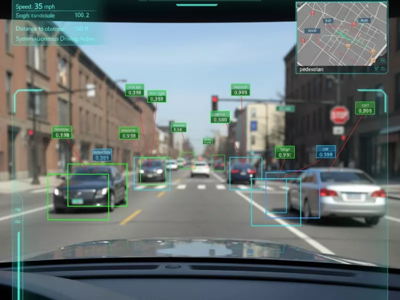  AR display on a self driving vehicle windshield shows detected cars, pedestrians, and a map.<br />
