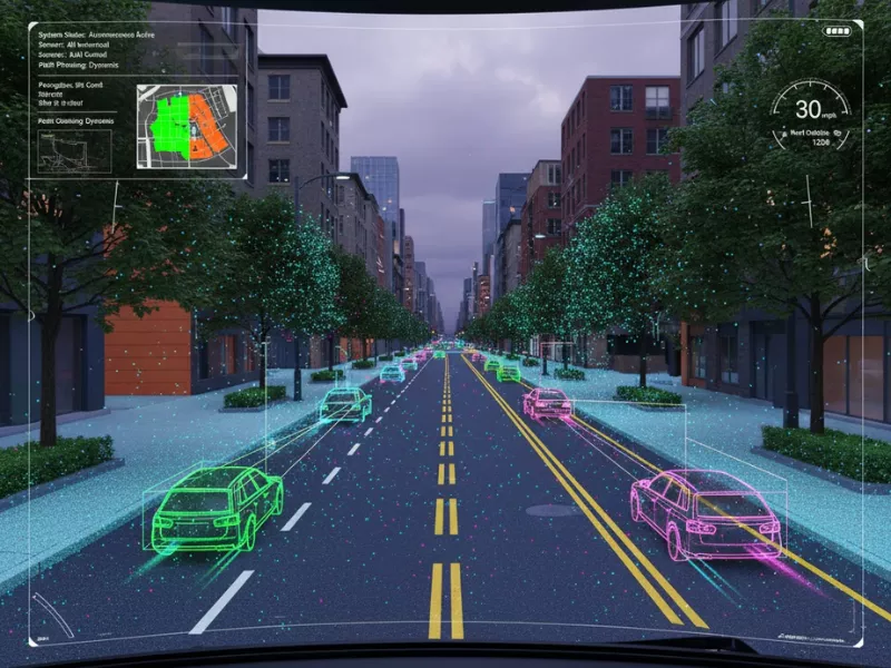  A futuristic AR display of self driving vehicles shows object detection, mapping, and sensor fusion.<br />
