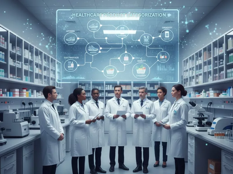 Healthcare experts analyzing digital data flows enabled by advanced product categorization services.<br />
