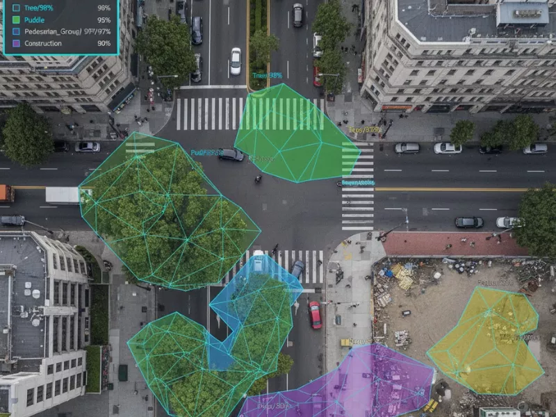 Top-down segmentation used by self driving vehicles identifies trees, puddles, and construction.<br />
