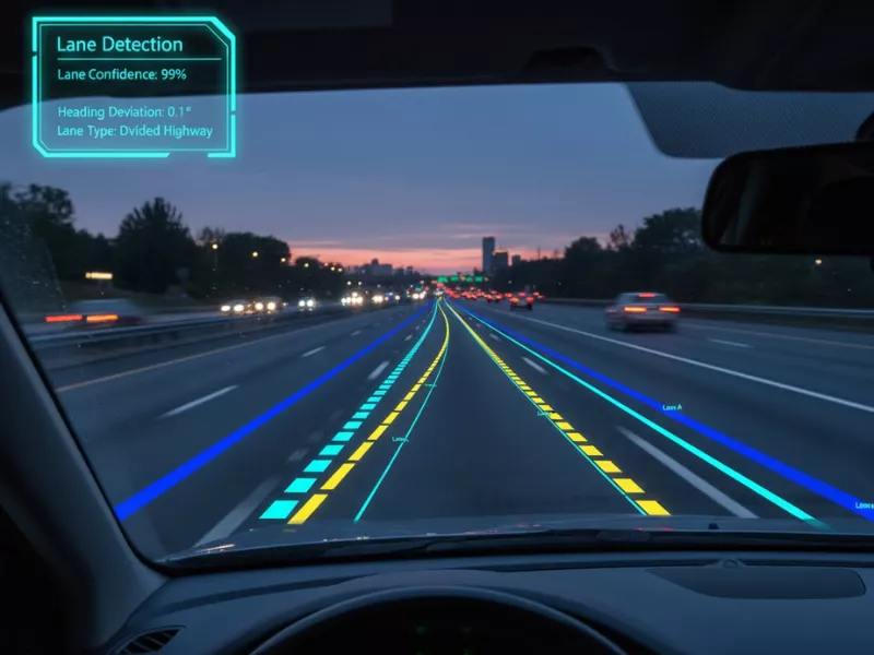 Lane detection AR overlay on a divided highway used by self driving vehicles at dusk.