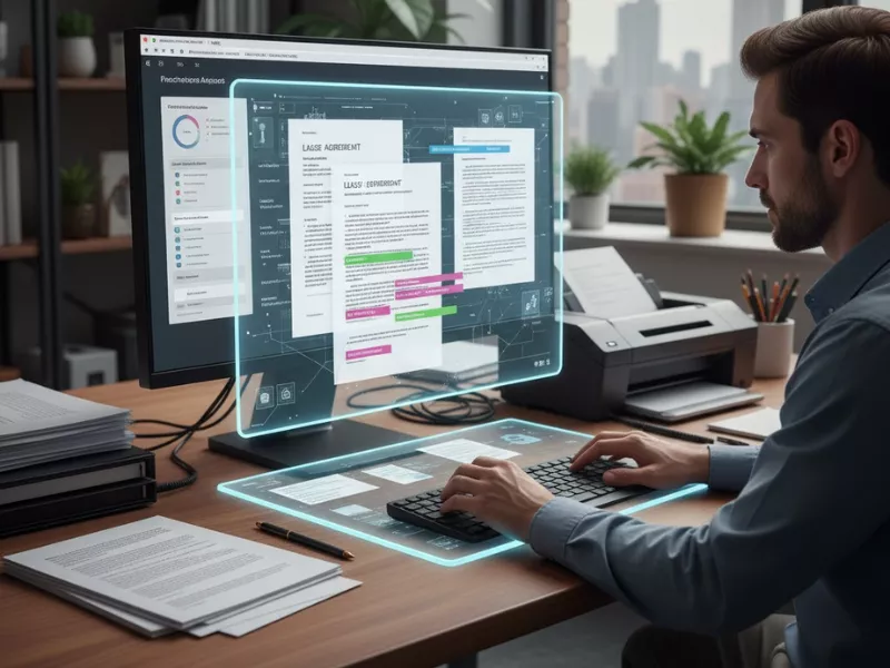 A man working on a futuristic digital interface analyzing legal documents using PropTech AI models.