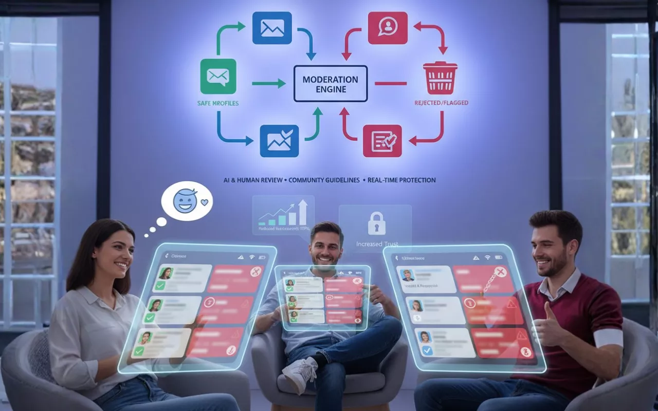 Three people reviewing dating profiles with a digital moderation flowchart for safe, flagged, and rejected users.