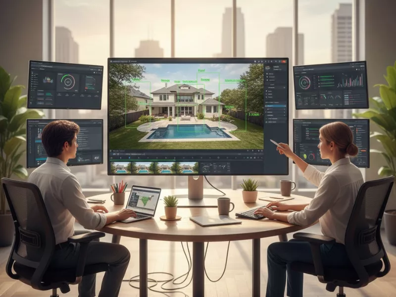Two professionals using PropTech AI models to analyze real estate data on multiple digital screens.