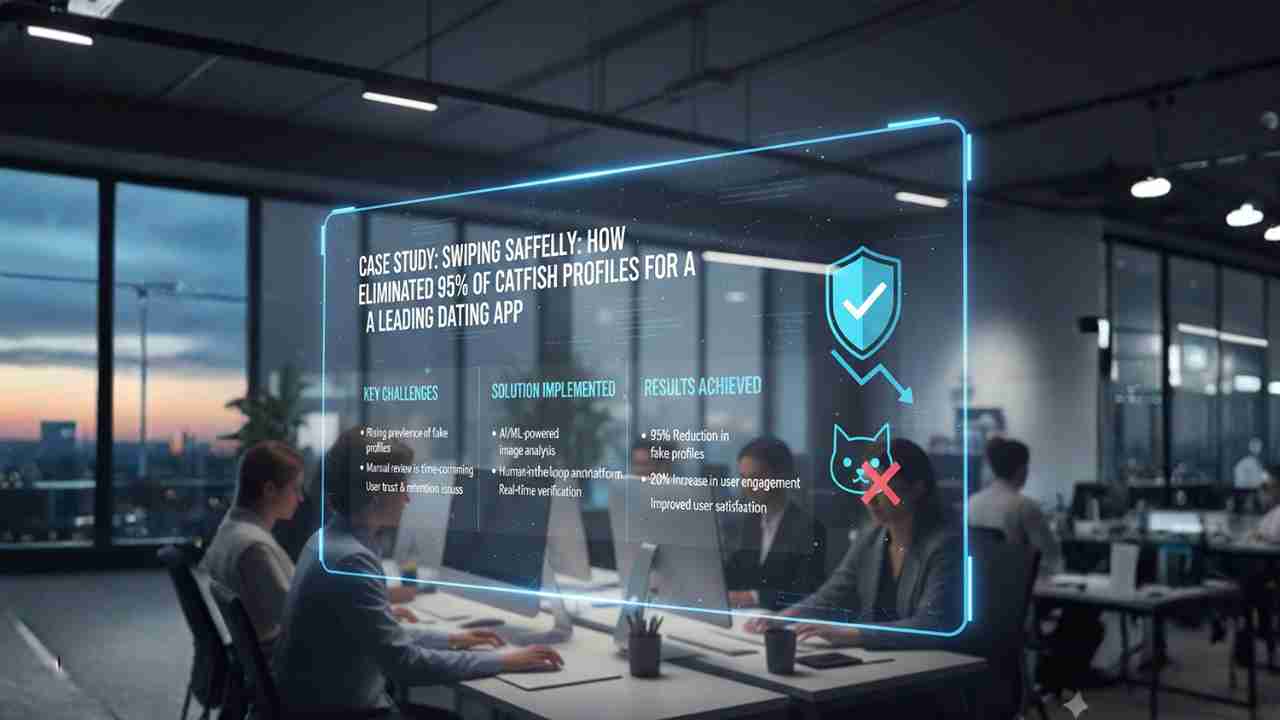 AI team reviewing dating app catfish detection case study. AI team reviewing dating app catfish detection case study.