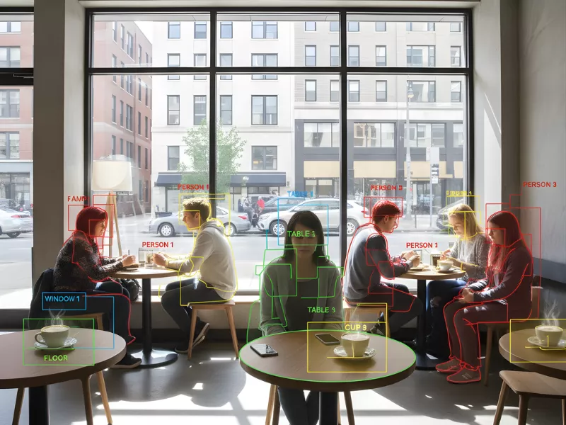 Image Segmentation Services labeling people, tables, cups, and windows in a café scene Image Segmentation Services labeling people, tables, cups, and windows in a café scene<br />