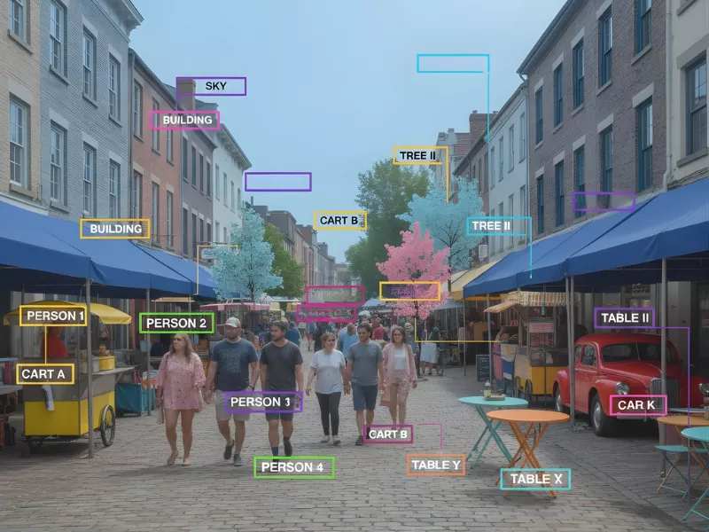 Street market scene annotated for Image Segmentation Services with people, carts, and tables Street market scene annotated for Image Segmentation Services with people, carts, and tables<br />