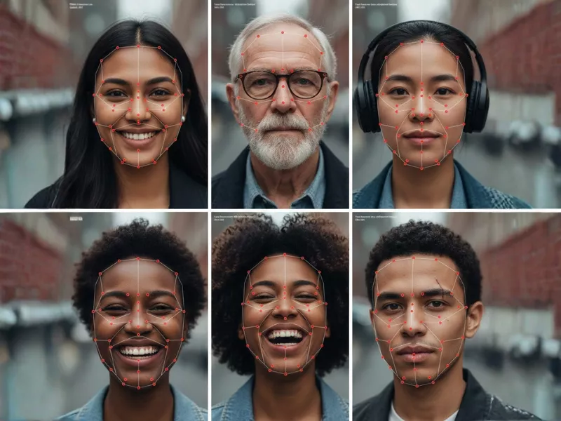 Image showing human faces with detection lines using keypoint annotation for facial recognition. Image showing human faces with detection lines using keypoint annotation for facial recognition.