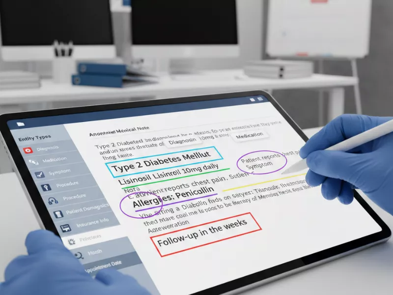 Image showing a person holding tab with medical text annotation services in EHR, insurance documents, etc. Image showing a person holding tab with medical text annotation services in EHR, insurance documents, etc.<br />